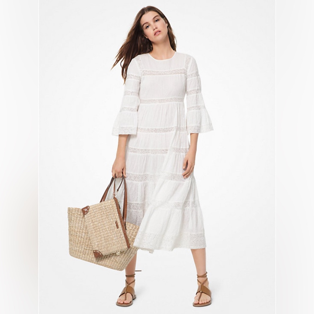 MICHAEL MICHAEL KORS White Corded Cotton & Sequined Lace Bell Sleeve Dress S NWT - Picture 4 of 13